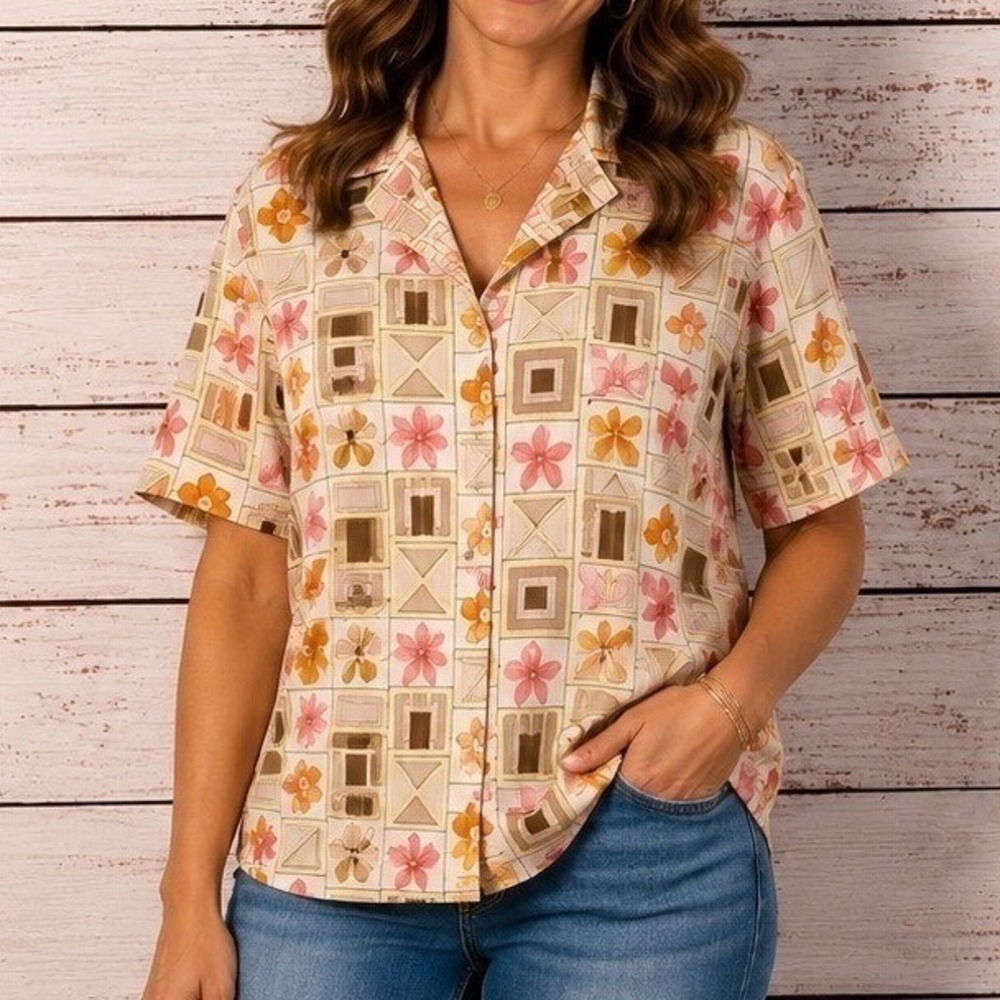Vintage Women's Crinkle Button‎ Front Shirt Blue Floral Patchwork Cottagecore 12